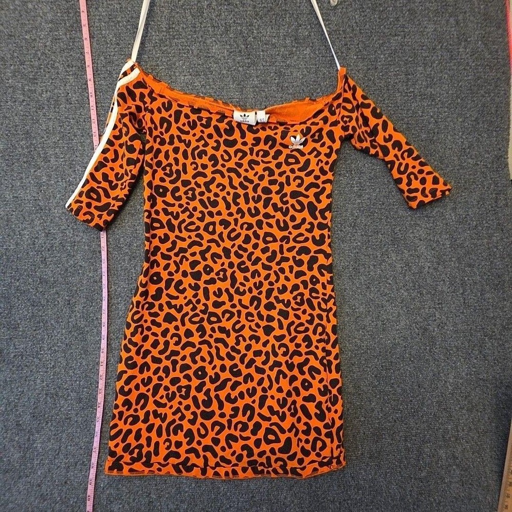 Adidas Rich Mnisi Dress Womens L Orange Leopard Off Shoulder Bodycon Mini Jersey
